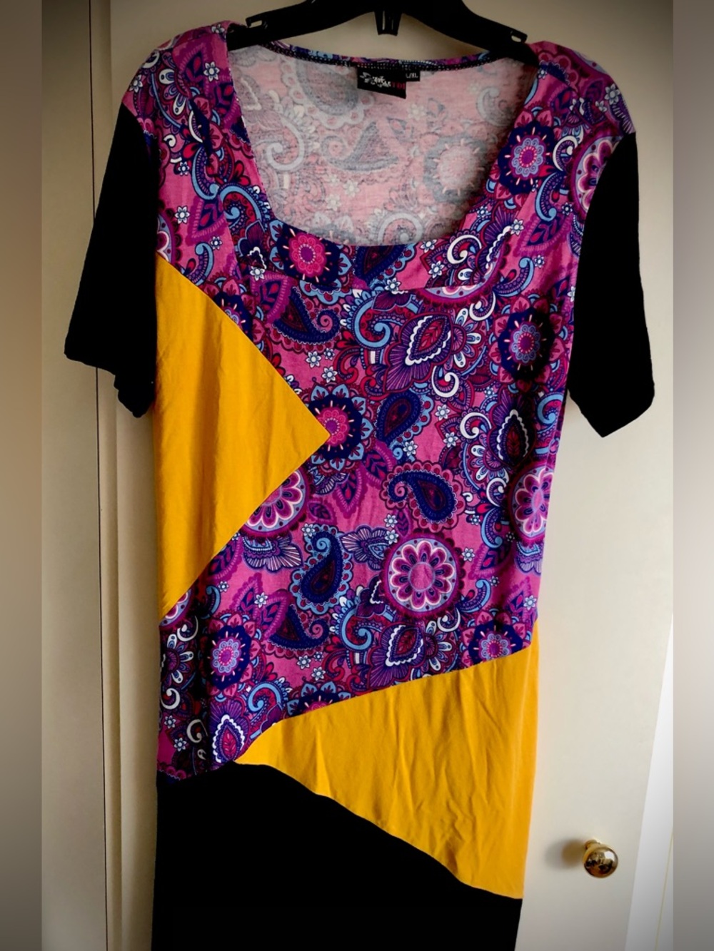 Paisley Colorblock Scoop Neck Tunic - Pink, Yellow, Black